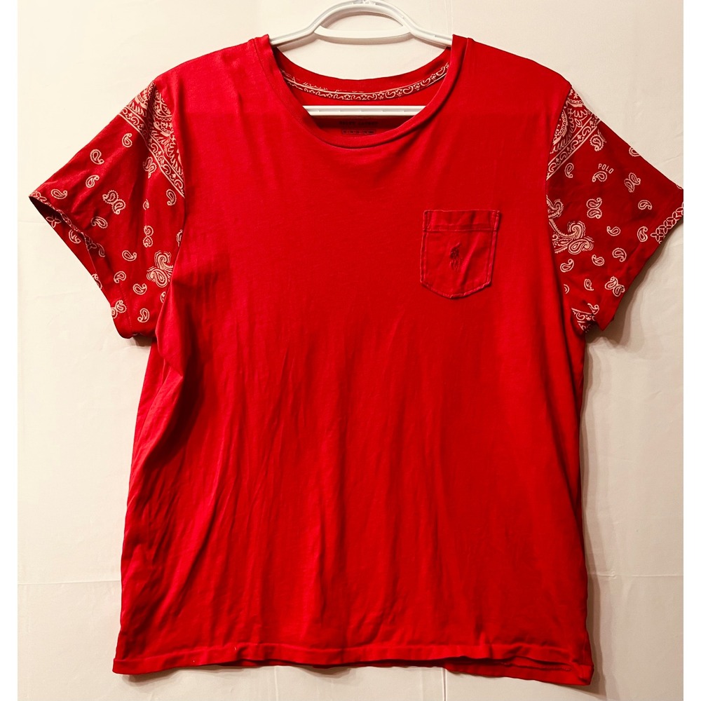 Polo Ralph Lauren Red Bandana Paisley Sleeve Pocket Tee Crewneck